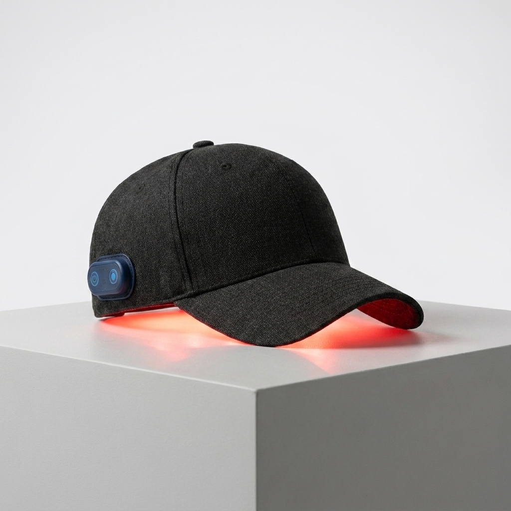 MaxHealth Red Light Therapy Cap on a studio pedestal — three-quarter view showing the control module and 660nm/850nm red light glow