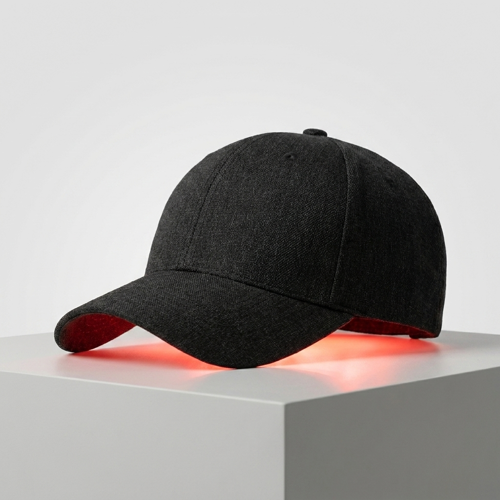 MaxHealth Red Light Therapy Cap — premium front studio shot with red LED under-brim glow